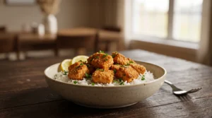 Crispy air fryer salmon bites garnished with fresh parsley and lemon wedges