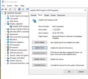 Roll back or Update Intel Graphics Driver via Device Manager to fix black screen