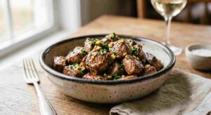 Juicy air fryer garlic butter steak bites garnished with parsley in a white bowl