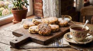 Traditional air fryer Welsh cakes dusted with sugar served on a rustic plate