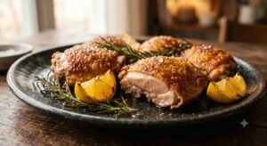 Crispy air fryer chicken thighs with golden brown skin served on a plate